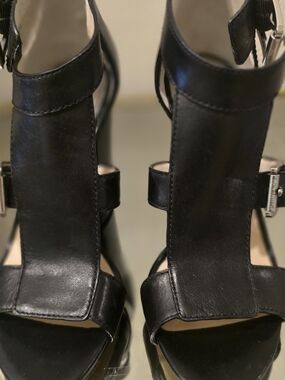 Michael Kors black Leather Women's T-Strap Heeled Sandals